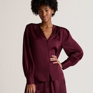 Quince Washable Stretch Silk Peasant Blouse in Wine Tasting Red Size Medium 205